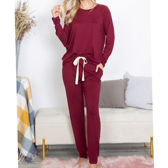 NEW Solid Burgundy Long Sleeves Top and Joggers Set with Tie Casual and Lounging - Picture 5 of 7